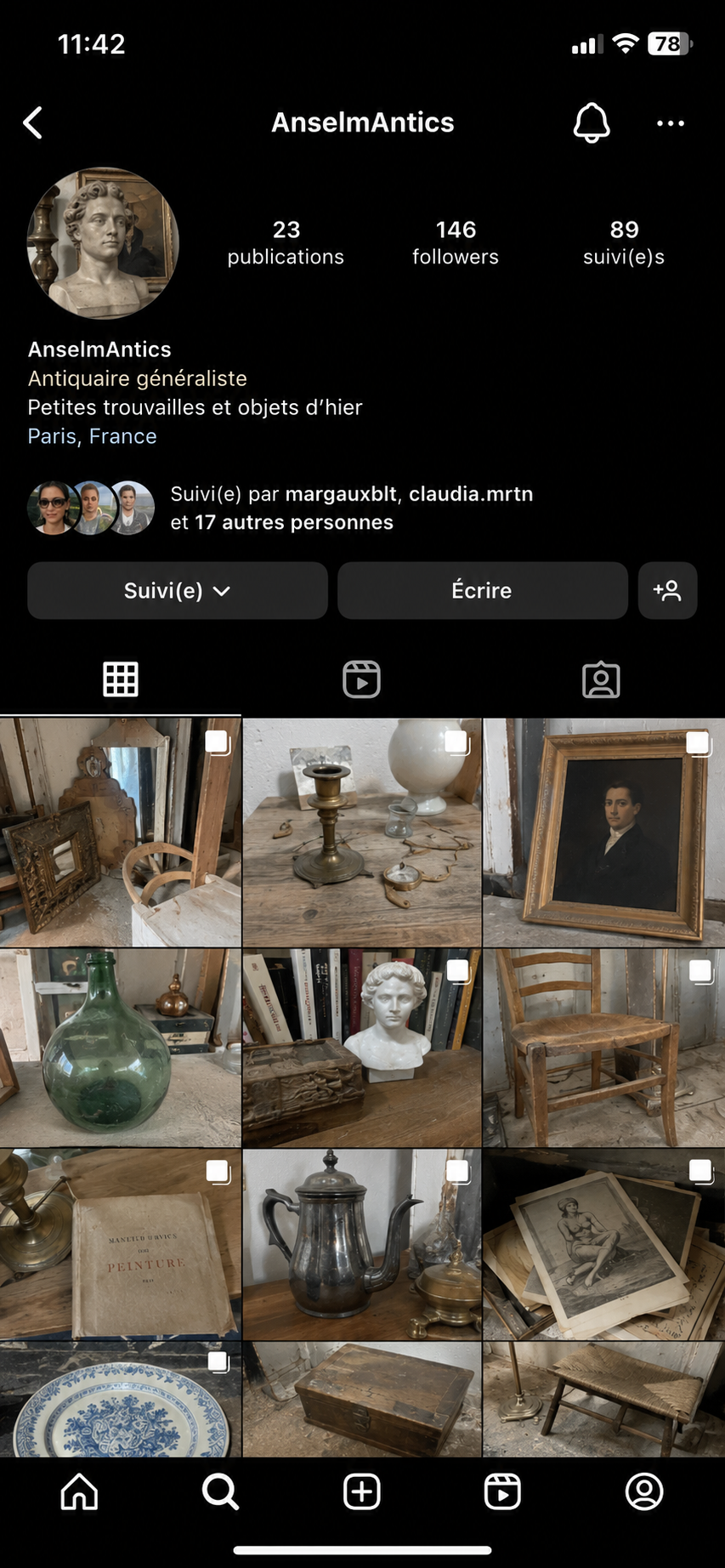 Compte Instagram d'antiquaire avant mise en scène, photos prises dans le dépôt